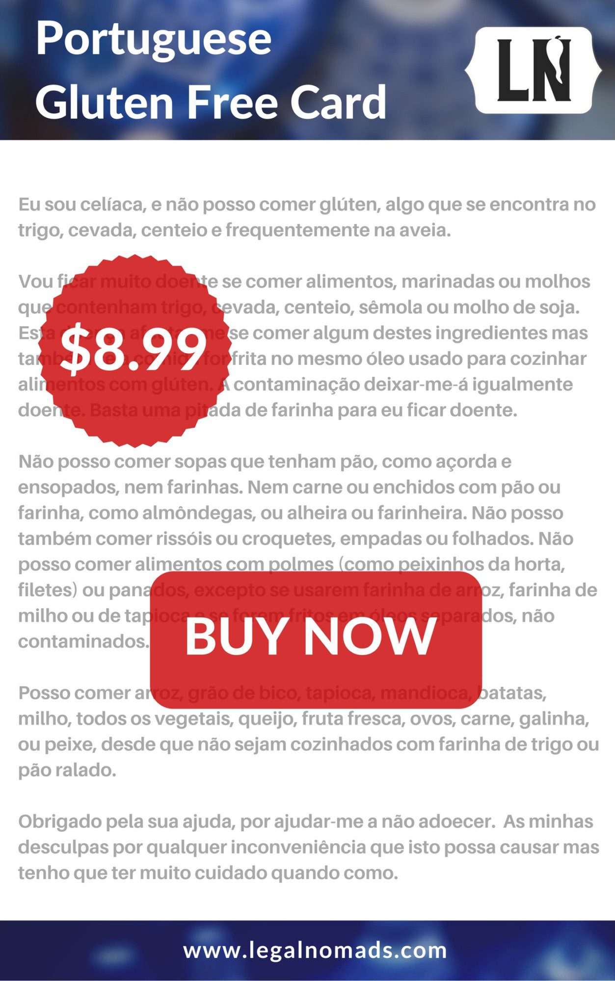 portuguese gluten free restaurant card