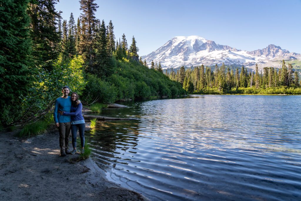 Hikers at Bench Lake in Mount Rainier National Park in the late afternoon