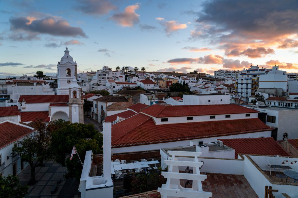 The view from the rooftop terrace at the Salty Lodge at sunset